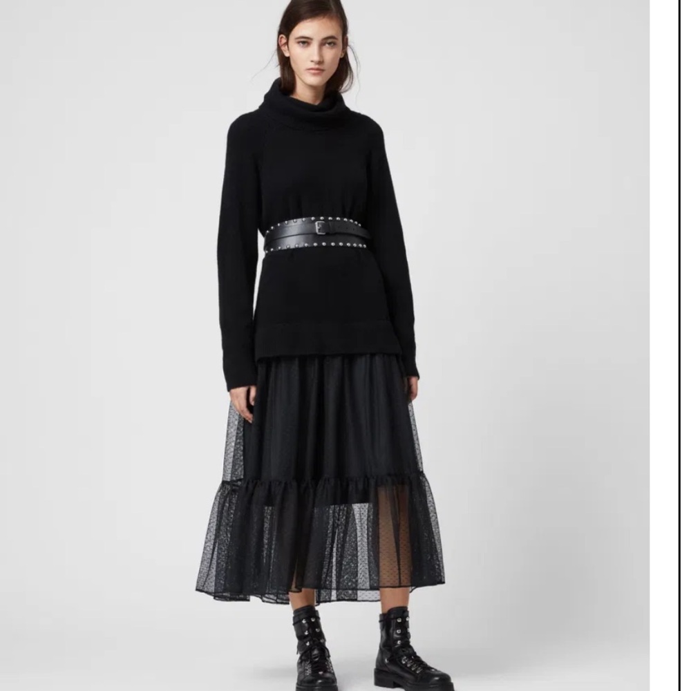 All Saints Black Tula Wool Blend Turtleneck Chunky Knit W/Mesh Skirt Dress XS